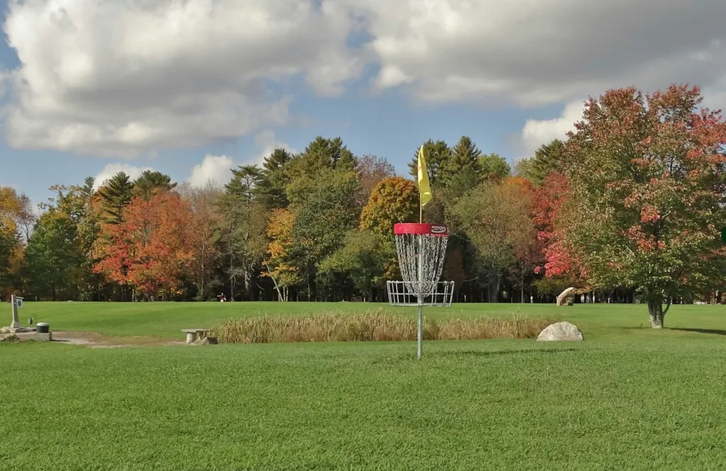 A golf course with a frisbee golf basket and colorful trees.