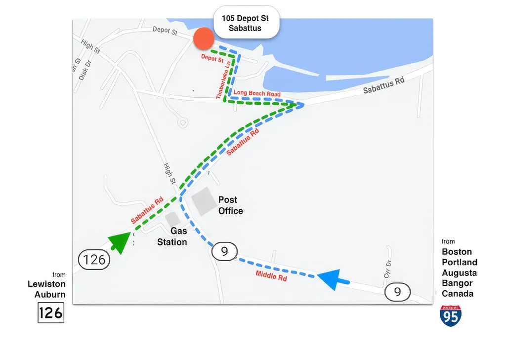 Map showing route from Lewiston to Augusta with key locations marked.