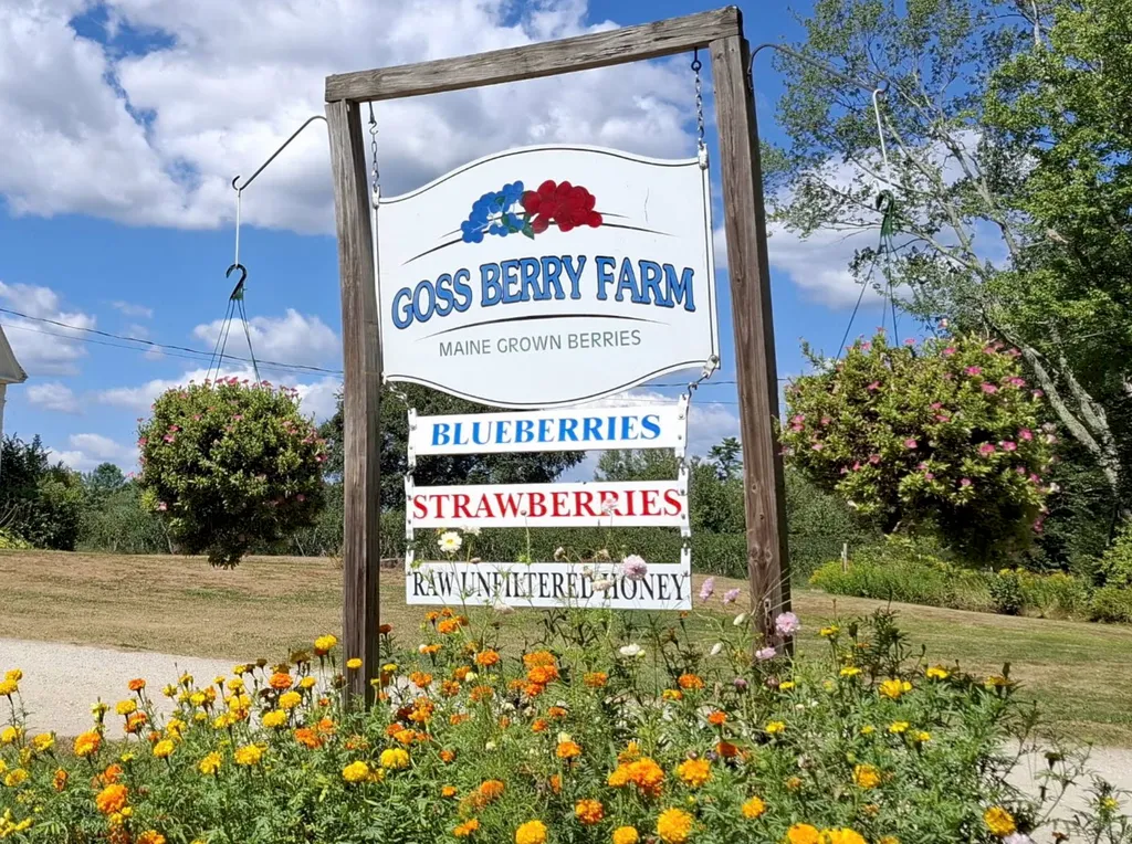 Goss Berry Farm sign with flowers and trees in the background.