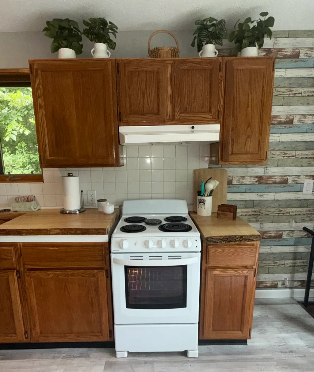 A kitchen with wooden cabinets, a white stove, and potted plants on top.